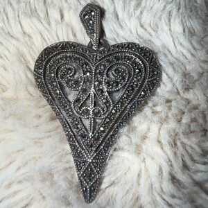 VTG 925 My Gen Marcasite Pendant Heart Sterling‎ Silver Filigree Design